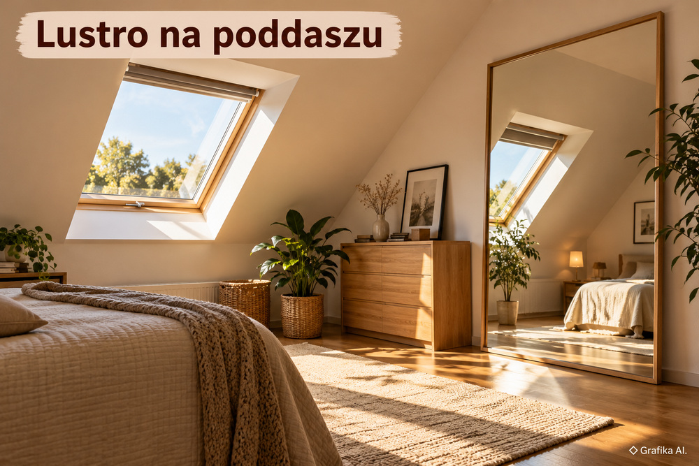 Słoneczne poddasze z oknem dachowym i dużym lustrem odbijającym światło w sypialni