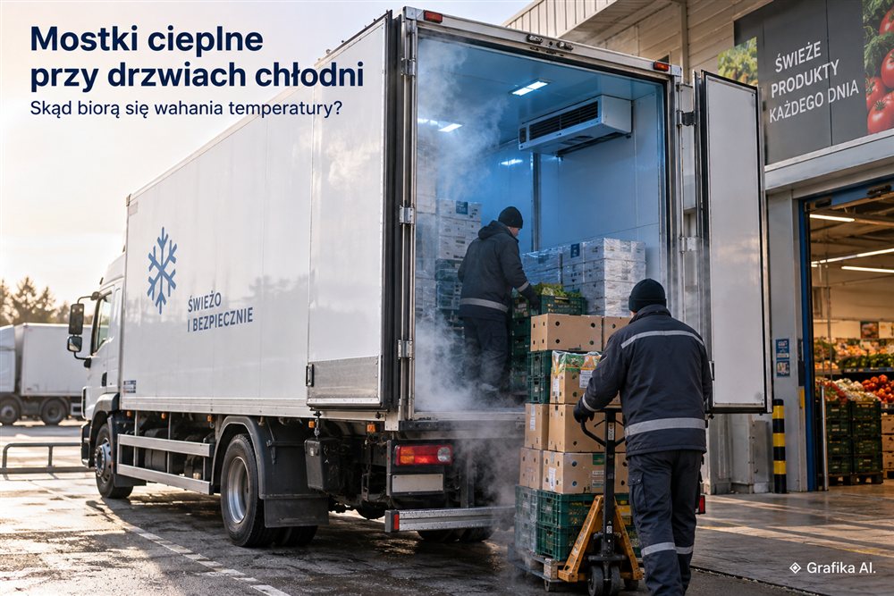 Ilustracja AI: dostawa produktów z otwartymi drzwiami chłodni samochodowej.